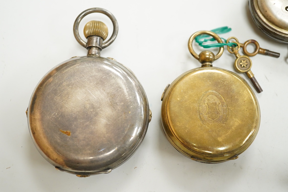 A George V silver cased goliath calendar moon phase open faced pocket watch, case diameter approx. 67mm(a.f.), together with five other pocket watches, including silver and white metal Waltham, a Camerer Cuss chrome case